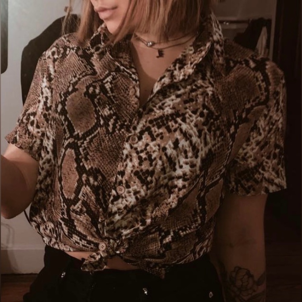 Snake print sheer button down T-shirt
